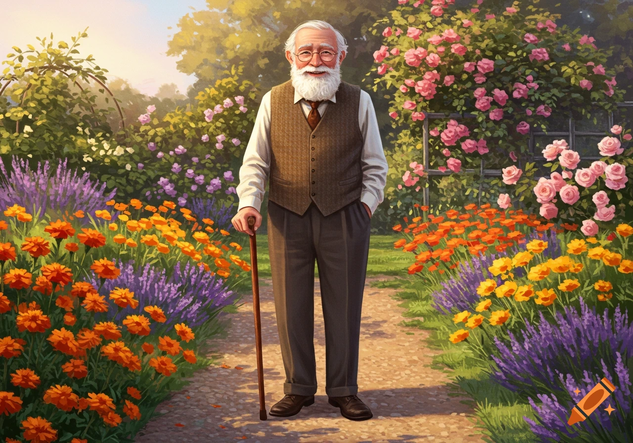 A smiling old man with a white beard and glasses, holding a cane, stands in a vibrant flower garden.