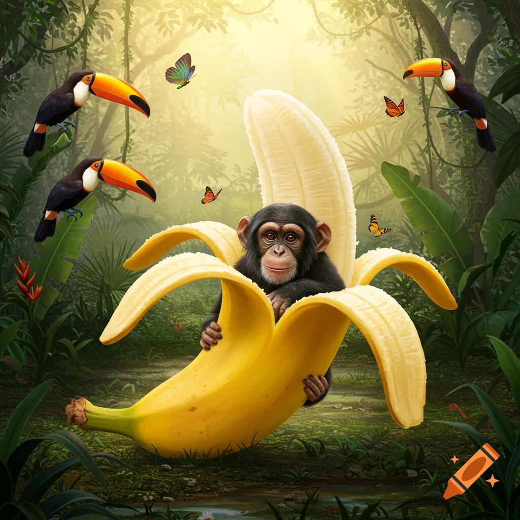 A cute chimpanzee peeks out from a giant peeled banana in a sunlit jungle with toucans and butterflies.