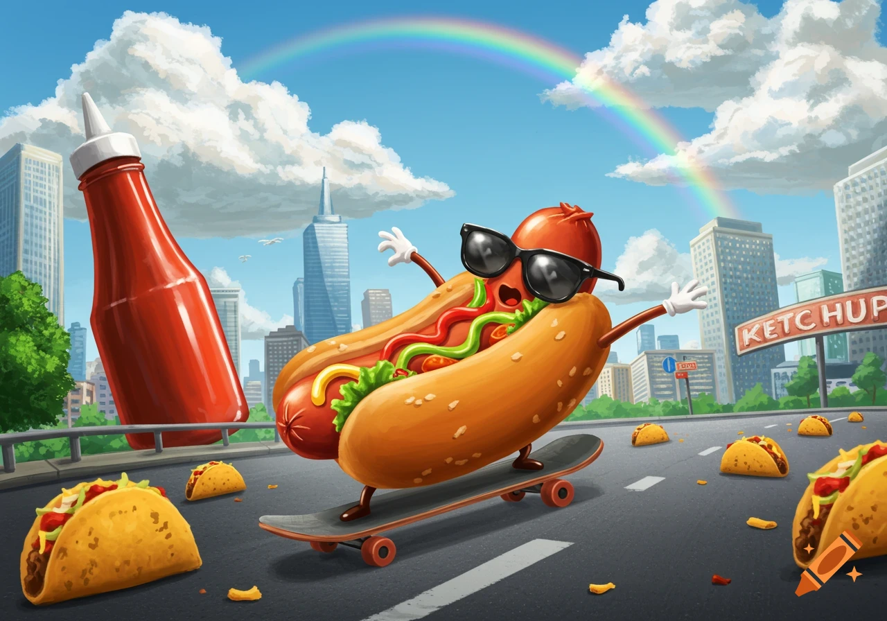 A cartoon hotdog wearing sunglasses skateboards down a city street with a giant ketchup bottle, scattered tacos, and a rainbow overhead.