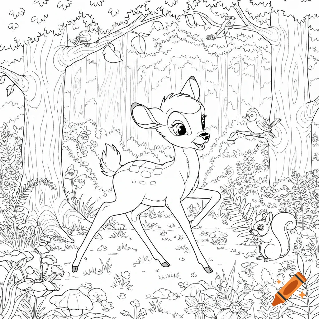 Black and white outline drawing for a coloring book featuring Bambi dancing in a forest with a squirrel and birds.