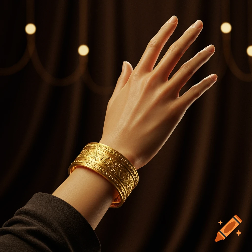 Close-up of a hand adorned with a detailed gold bracelet against a dark, softly lit background.