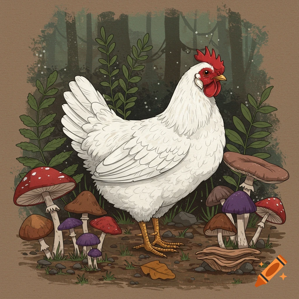 A tattoo style illustration of a white chicken standing among colorful mushrooms on a forest floor.