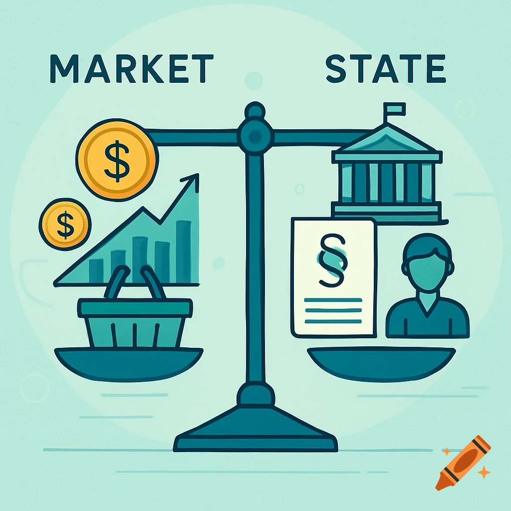 A minimalist illustration of scales balancing 'MARKET' (dollar coins, graph, shopping basket) and 'STATE' (government building, law document, person).
