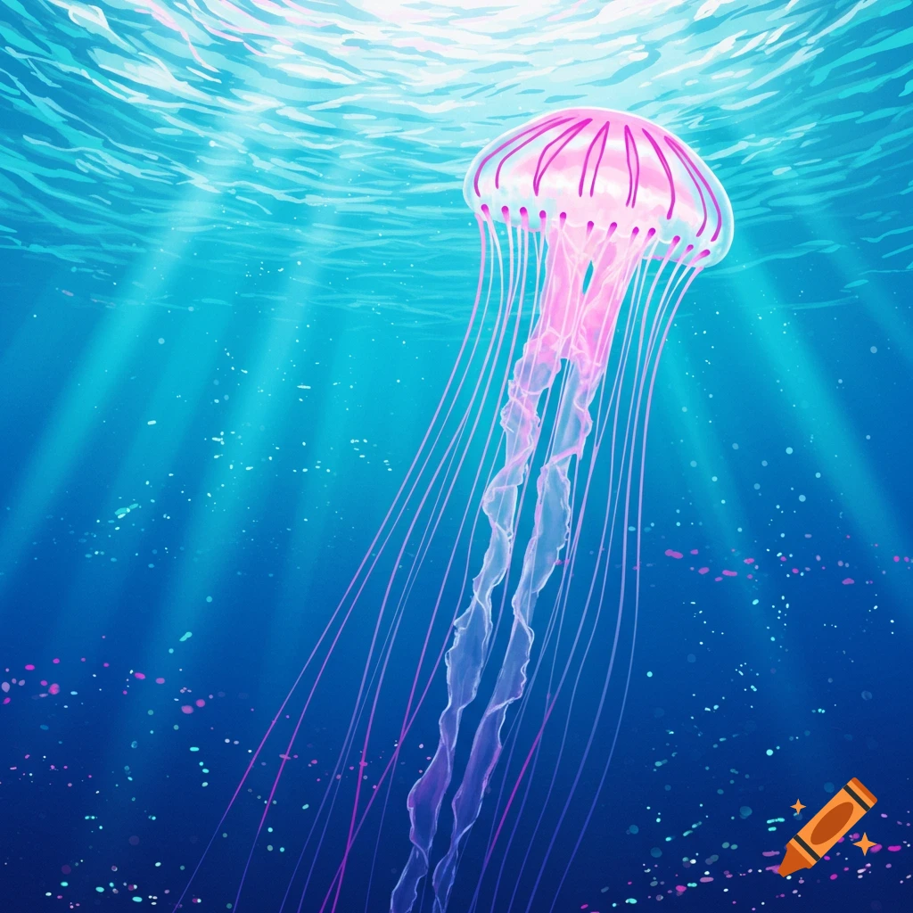 A vibrant pink jellyfish with long tentacles swims in clear blue ocean water, illuminated by sunlight filtering from the surface.