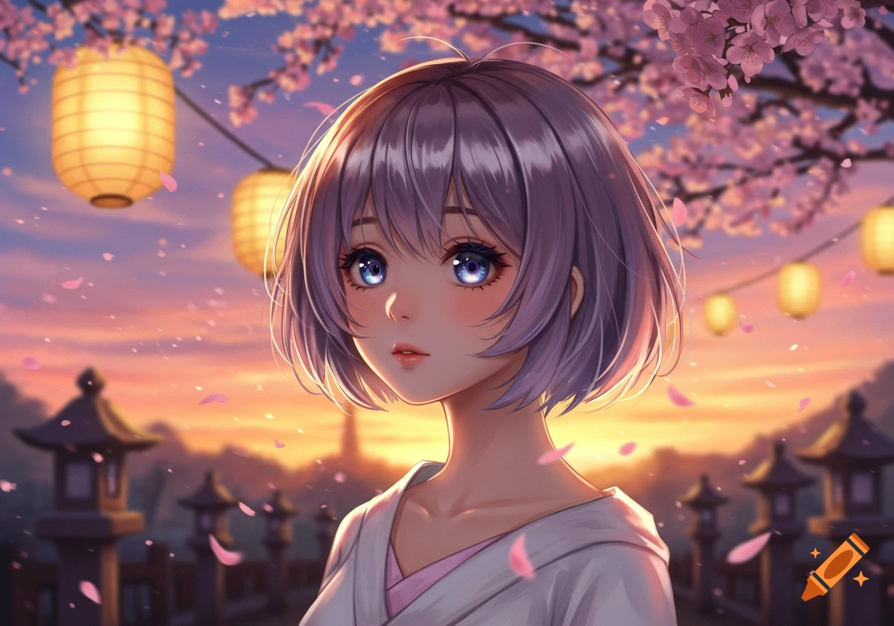 An anime girl with short purple hair and blue eyes looks up amidst falling cherry blossoms, traditional lanterns, and pagodas at sunset.