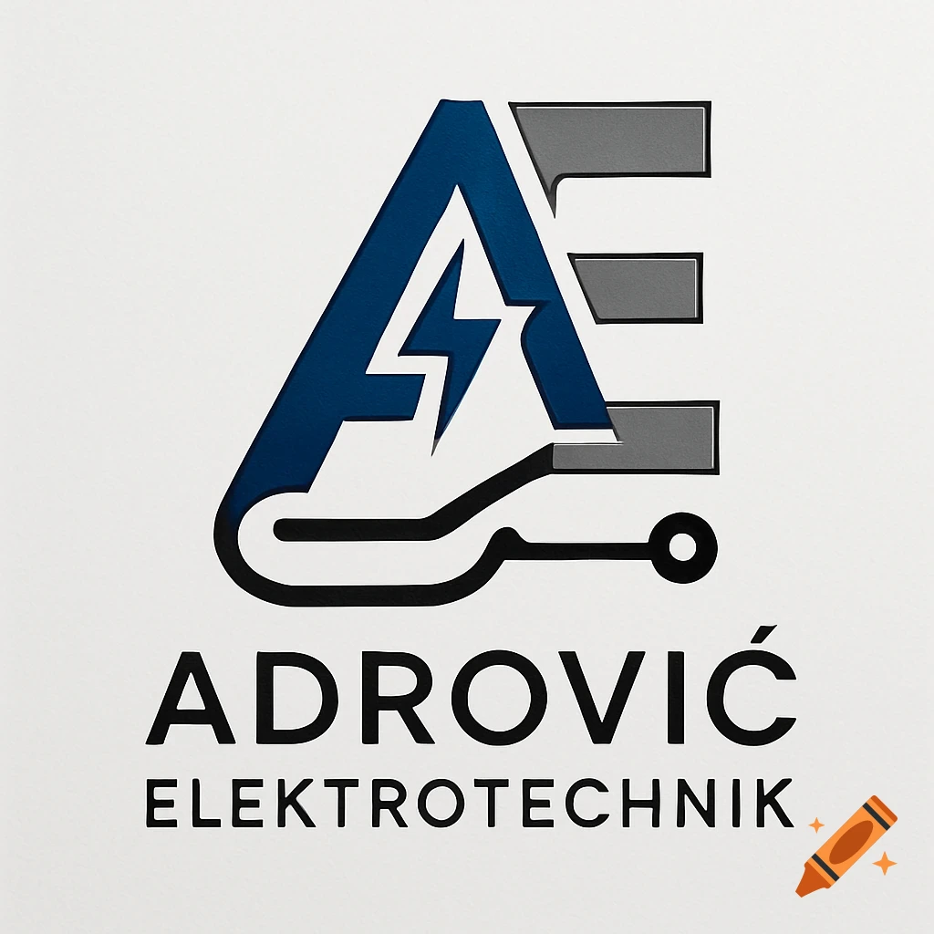 Blue and grey logo with initials A and E, a lightning bolt, and a circuit line, with text 'ADROVIĆ ELEKTROTECHNIK'