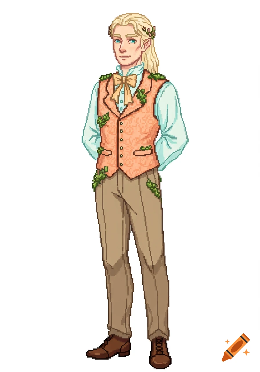 Full-body pixel art portrait of an elven man with long blonde hair, wearing a peach vest with vines, a light blue shirt, and tan pants.