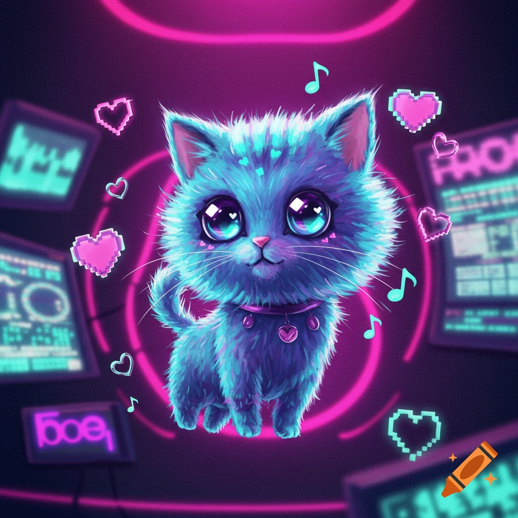 A cute, glowing blue and purple fluffy kitten with big eyes, surrounded by neon hearts and music notes, with cyberpunk screens in the background.