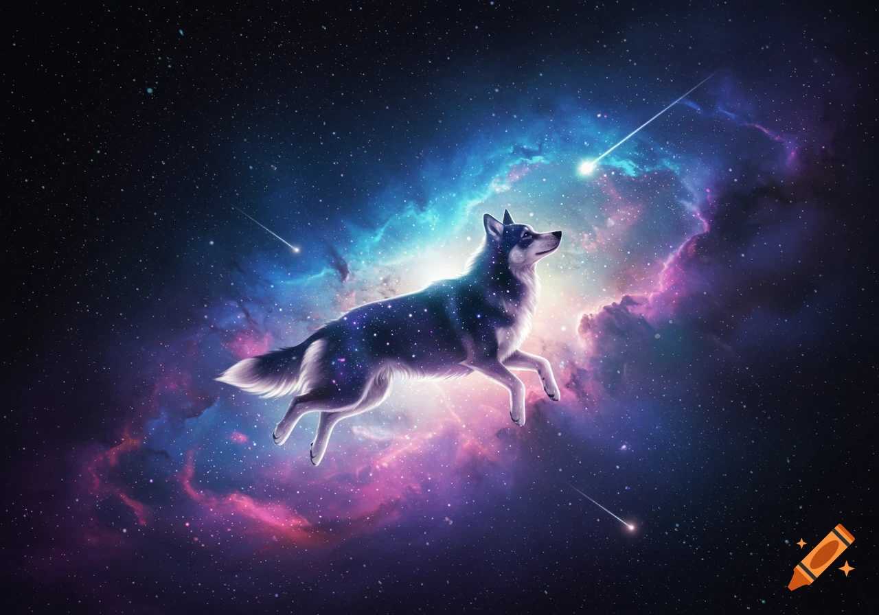 A wolf-like animal with glowing fur floats through a colorful nebula with stars and shooting meteors.