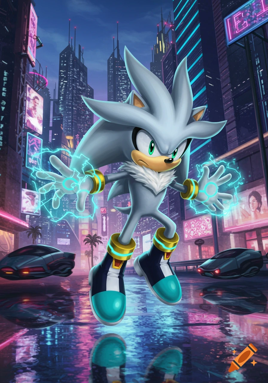 Silver the Hedgehog stands in a futuristic city at night, glowing with blue energy around his hands.
