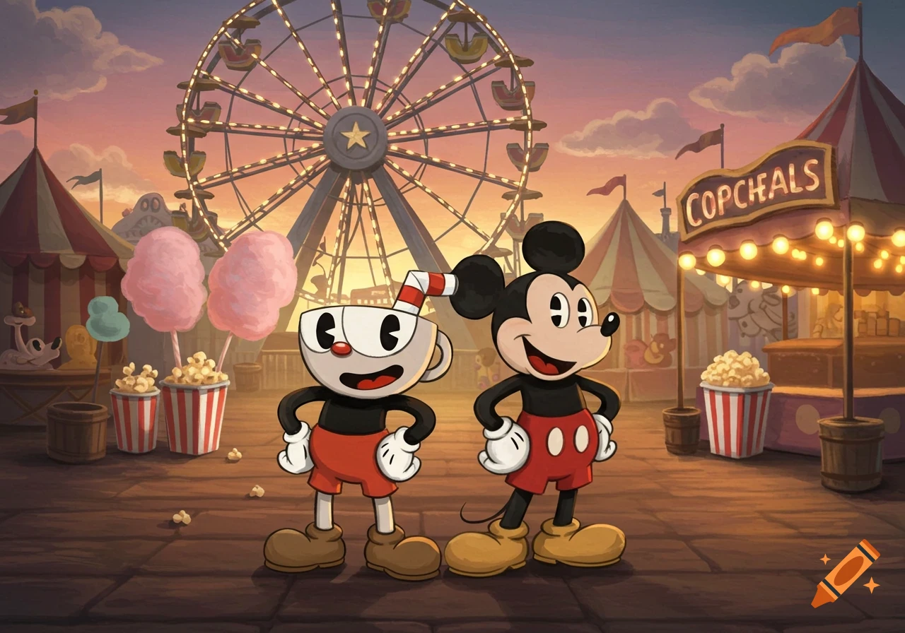 Cuphead and Mickey Mouse stand smiling at a lively carnival with a Ferris wheel under a sunset sky, in an old cartoon art style.