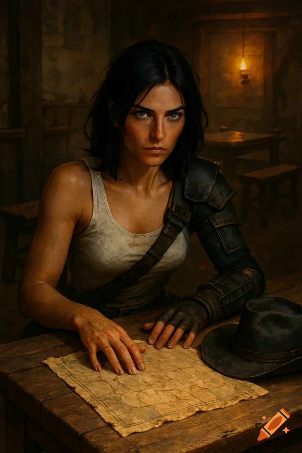 A determined woman in a tank top and leather armor studies an old map at a wooden table, a cowboy hat beside her, in a dark, atmospheric fantasy art style.