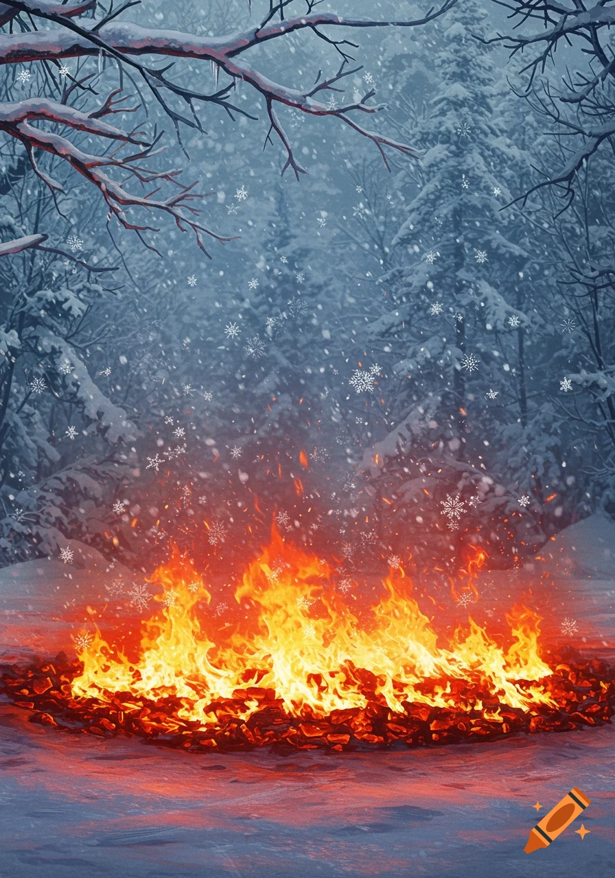 A vibrant fire glows on a snowy ground in a winter forest as snowflakes fall.