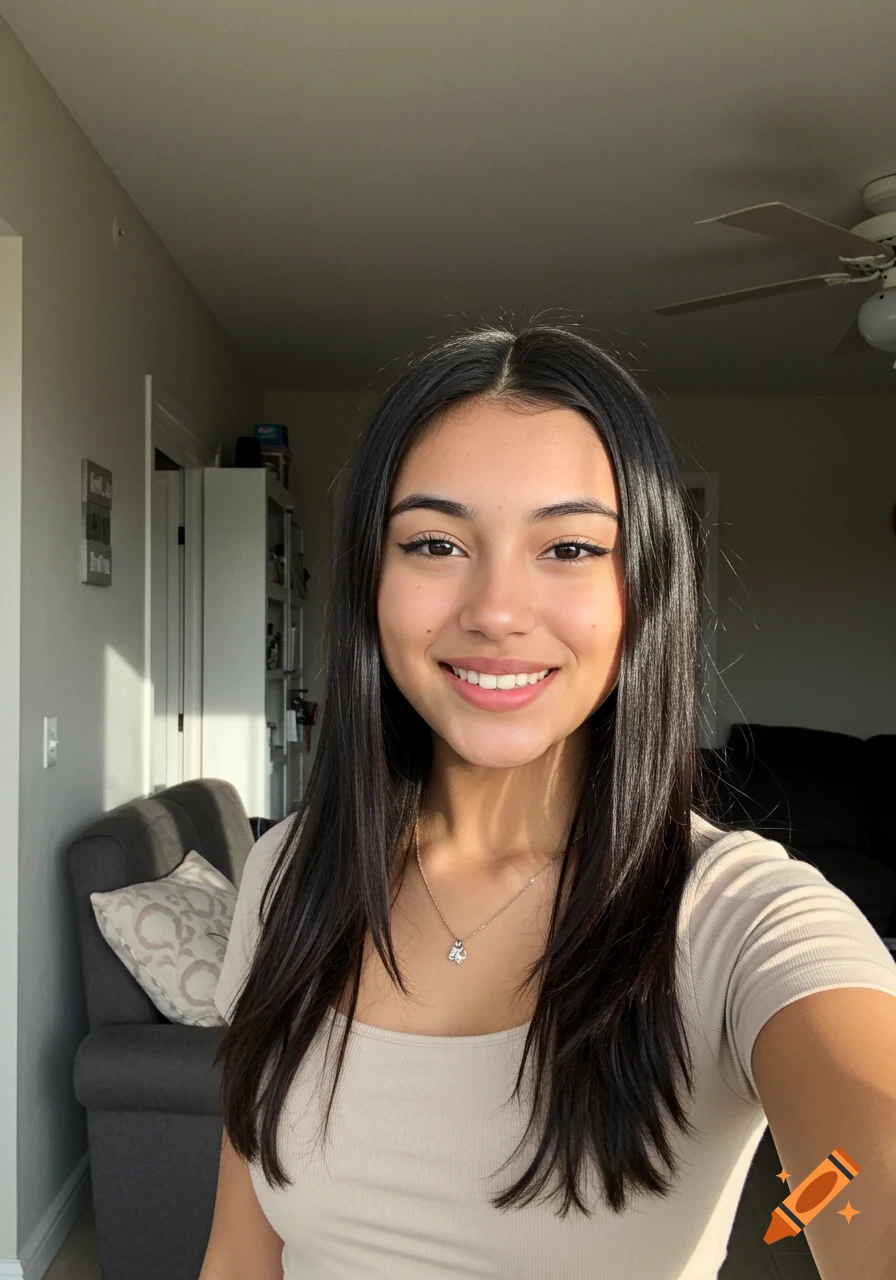 Smiling young woman taking a selfie inside her sunlit home, with long dark hair and a light top.