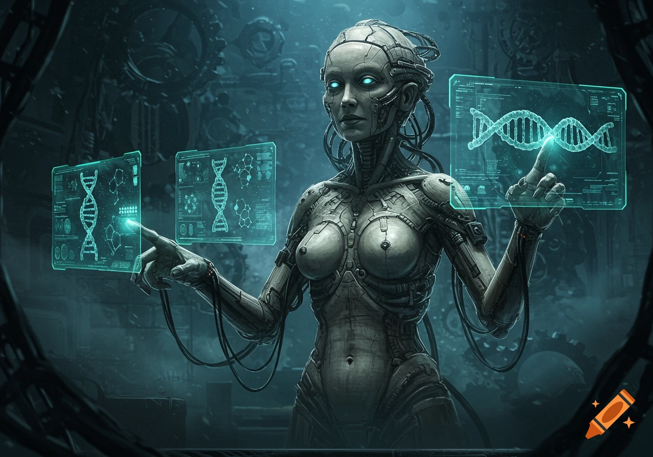A biomechanical cyborg with glowing eyes interacts with holographic DNA screens in a dark, intricate, Giger-esque sci-fi setting.