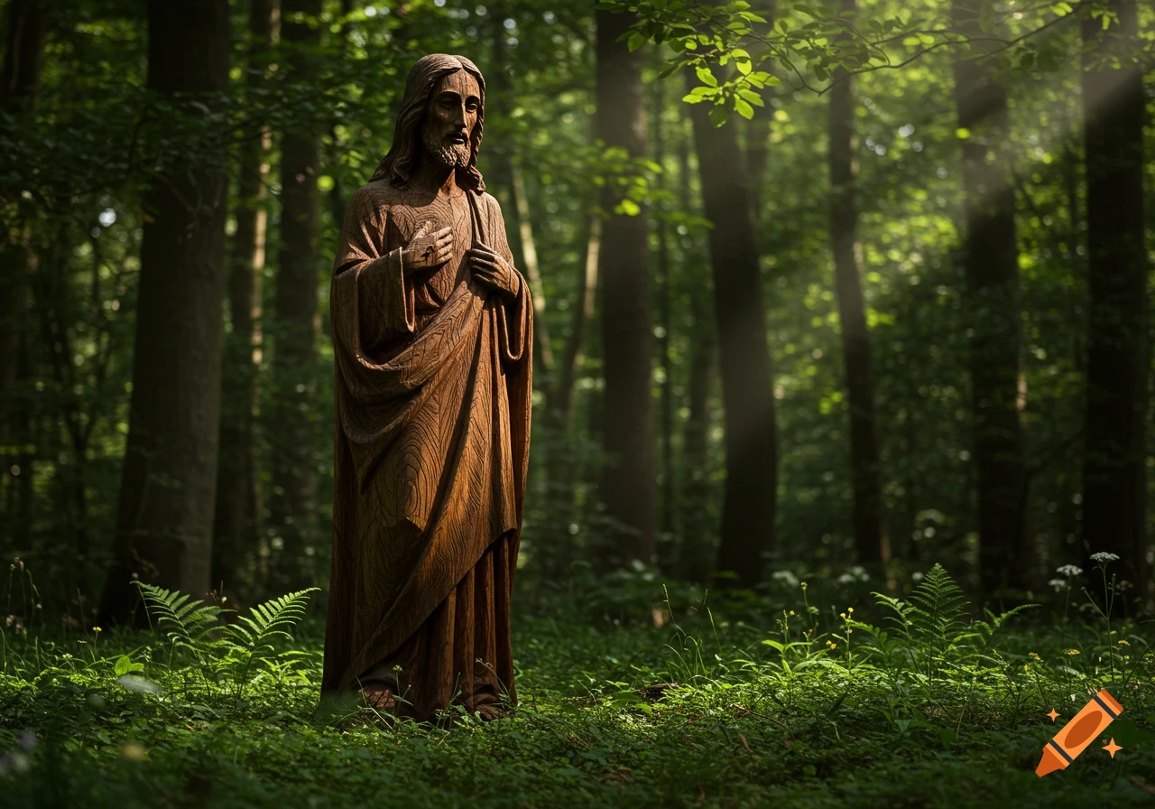 A photorealistic wooden statue of Jesus stands in a lush, sun-dappled forest.