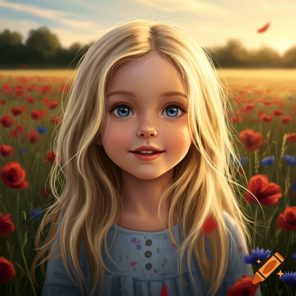 A cute blonde girl with blue eyes smiles in a sunlit field of red poppies and blue wildflowers, digital art.