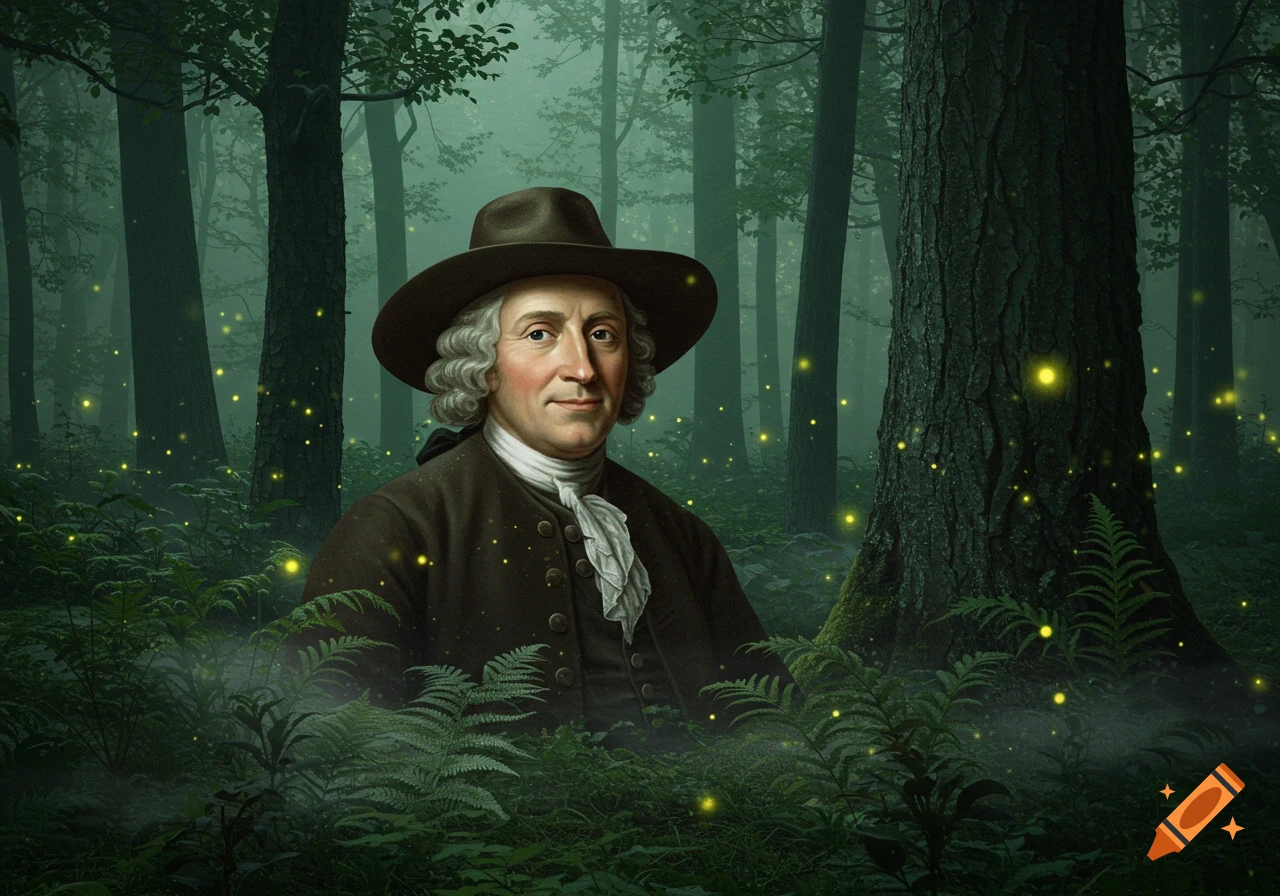 A man resembling Carl von Linn\u00e9 in historical attire and a hat, stands in a misty, dark forest filled with glowing yellow fireflies.