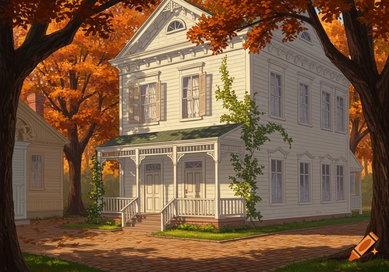 An illustrative depiction of a white house with a green roof and porch, surrounded by trees with vibrant orange autumn foliage.