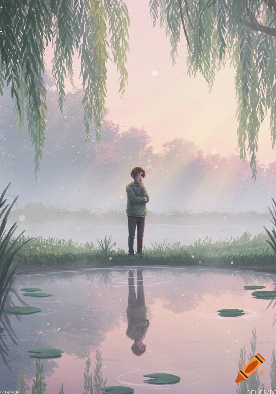 A contemplative person stands by a misty pond with lily pads, reflected in the water, under drooping willow branches at sunrise in a digital painting.