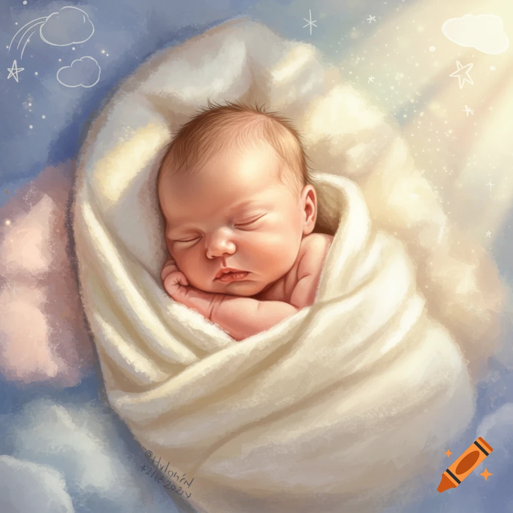 Digital painting of a peacefully sleeping newborn baby wrapped in a white blanket, surrounded by soft clouds and stars.