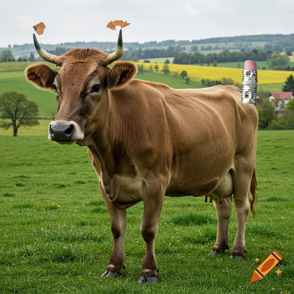 A photorealistic brown cow stands in a green field with pencil shavings on its horns and a large pencil eraser on its back.