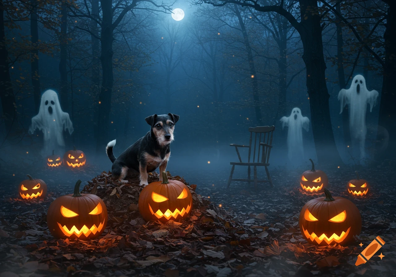 A black and tan Jack Russell dog sits on a pile of autumn leaves and glowing jack-o'-lanterns in a misty, moonlit forest with three white ghosts and a wooden chair.