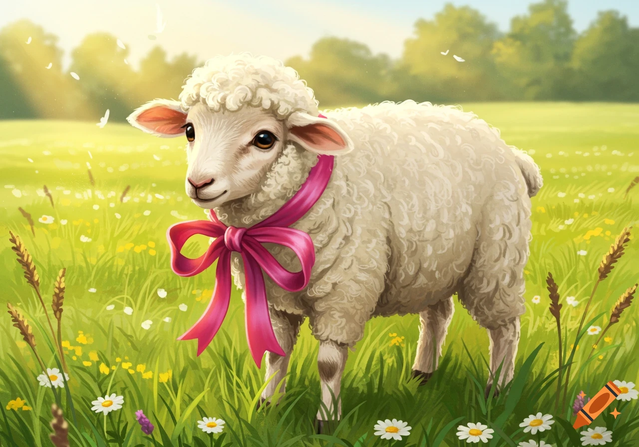 A cute fluffy lamb wearing a pink bow stands in a vibrant green field with white and yellow flowers under a sunny sky, illustrated.