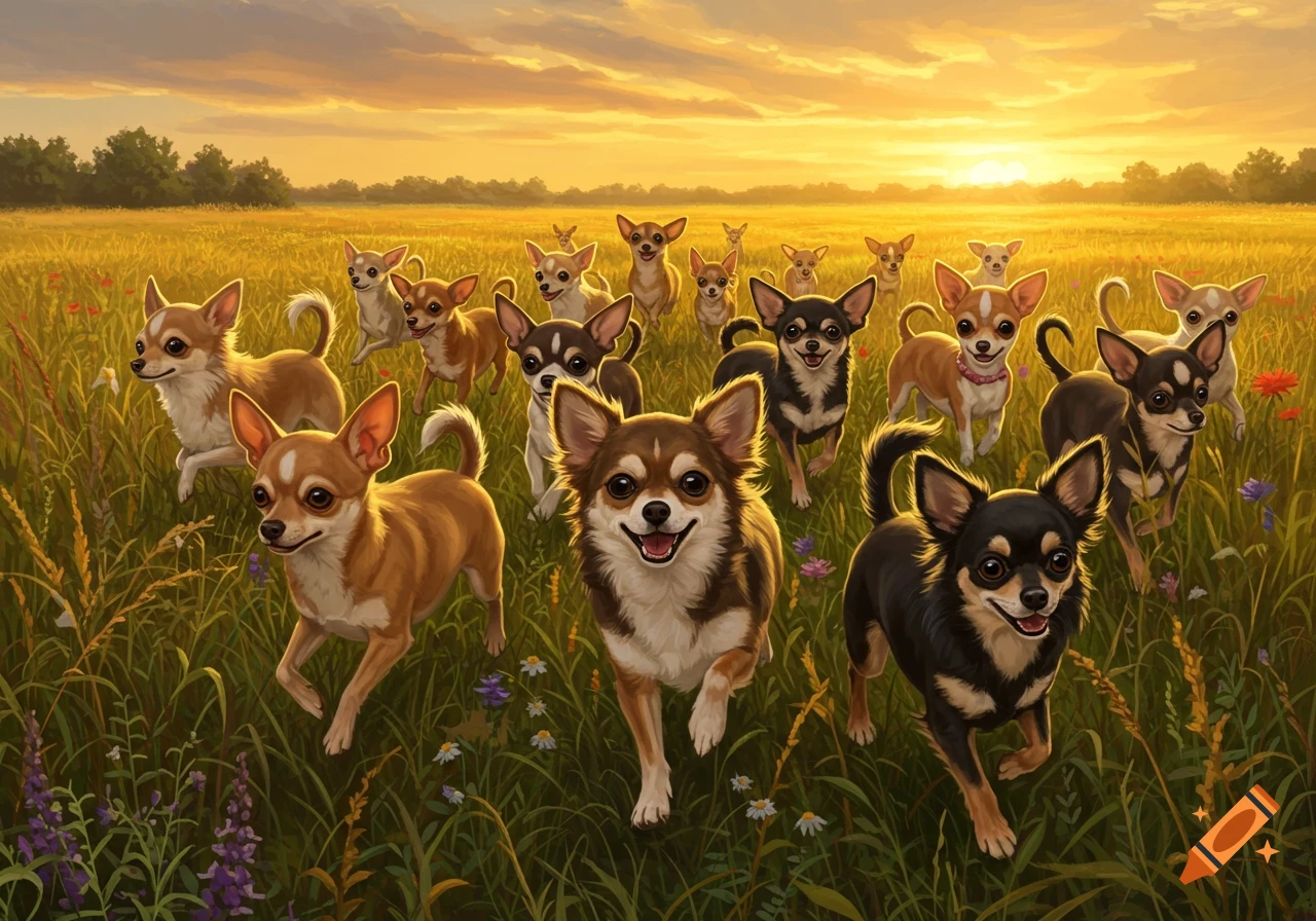 A pack of diverse chihuahuas running and playing through a vibrant sunlit golden field at sunset, with tall grasses and wildflowers.