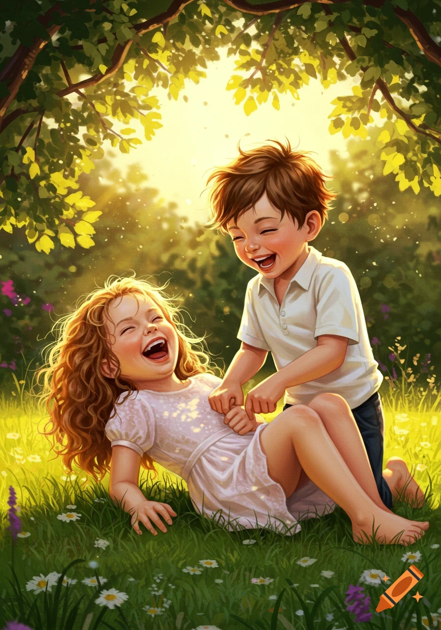 A boy tickles a laughing girl lying in a sunny, grassy field with flowers and trees overhead, in a cheerful illustration.