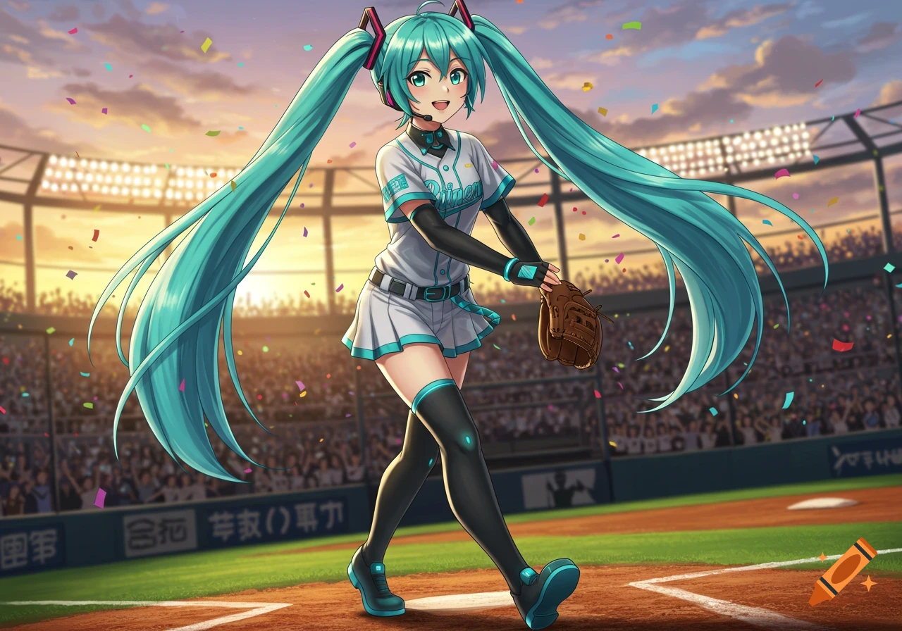 Hatsune Miku in a white and teal baseball uniform, holding a glove, walks on a baseball field with confetti and a cheering crowd.