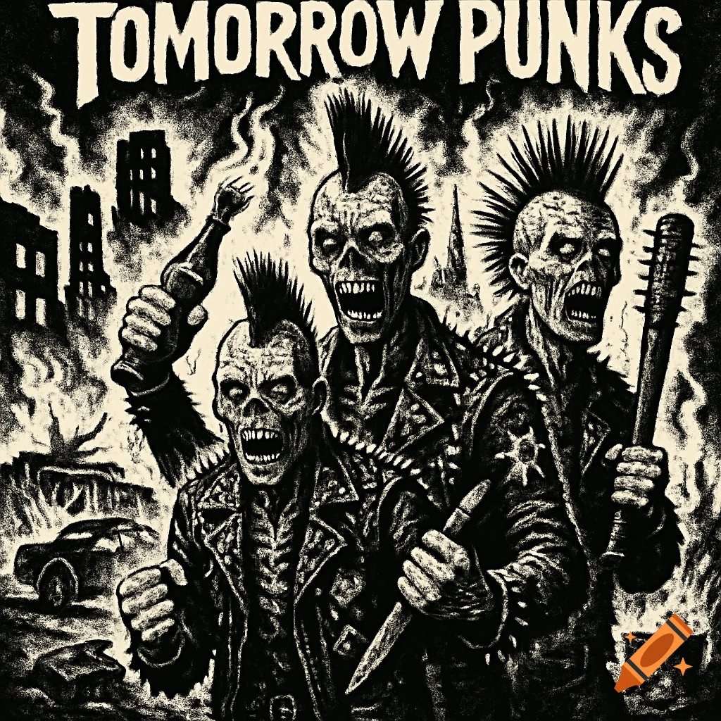 Three zombie punks with mohawks, leather jackets, and weapons stand in a burning, destroyed city, in a black and white grunge style, text 'TOMORROW PUNKS'.