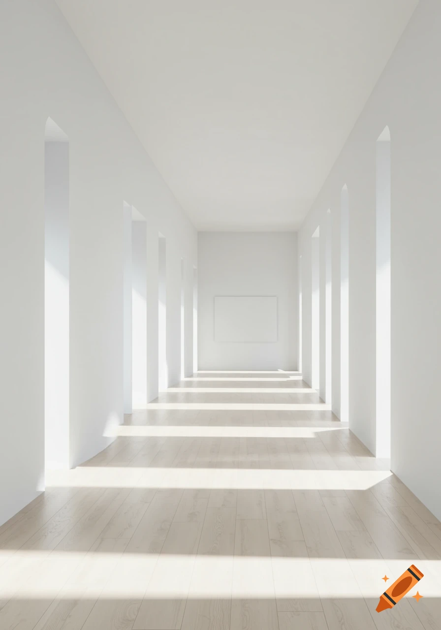 A long, minimalist white hallway with arched openings on the sides, a light wooden floor, and sunbeams. A blank rectangular frame is on the far wall.