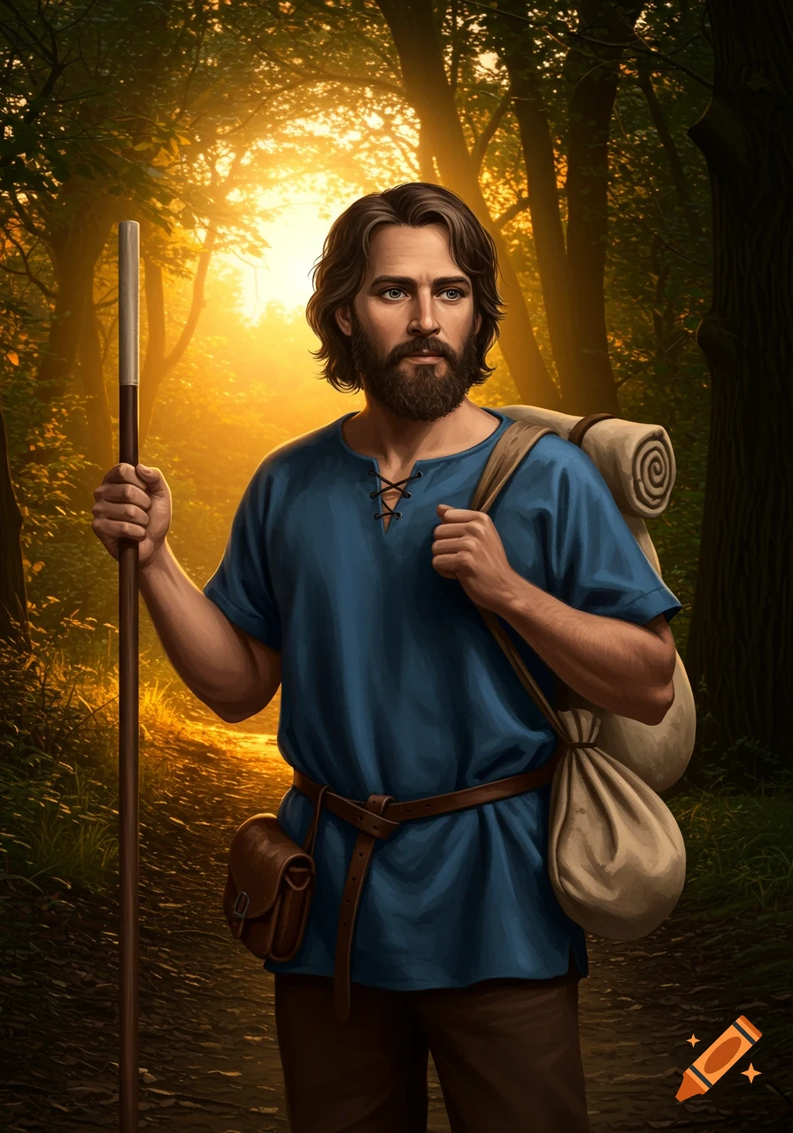 A painting of a bearded medieval pilgrim with a staff and sack on a sunlit forest path.