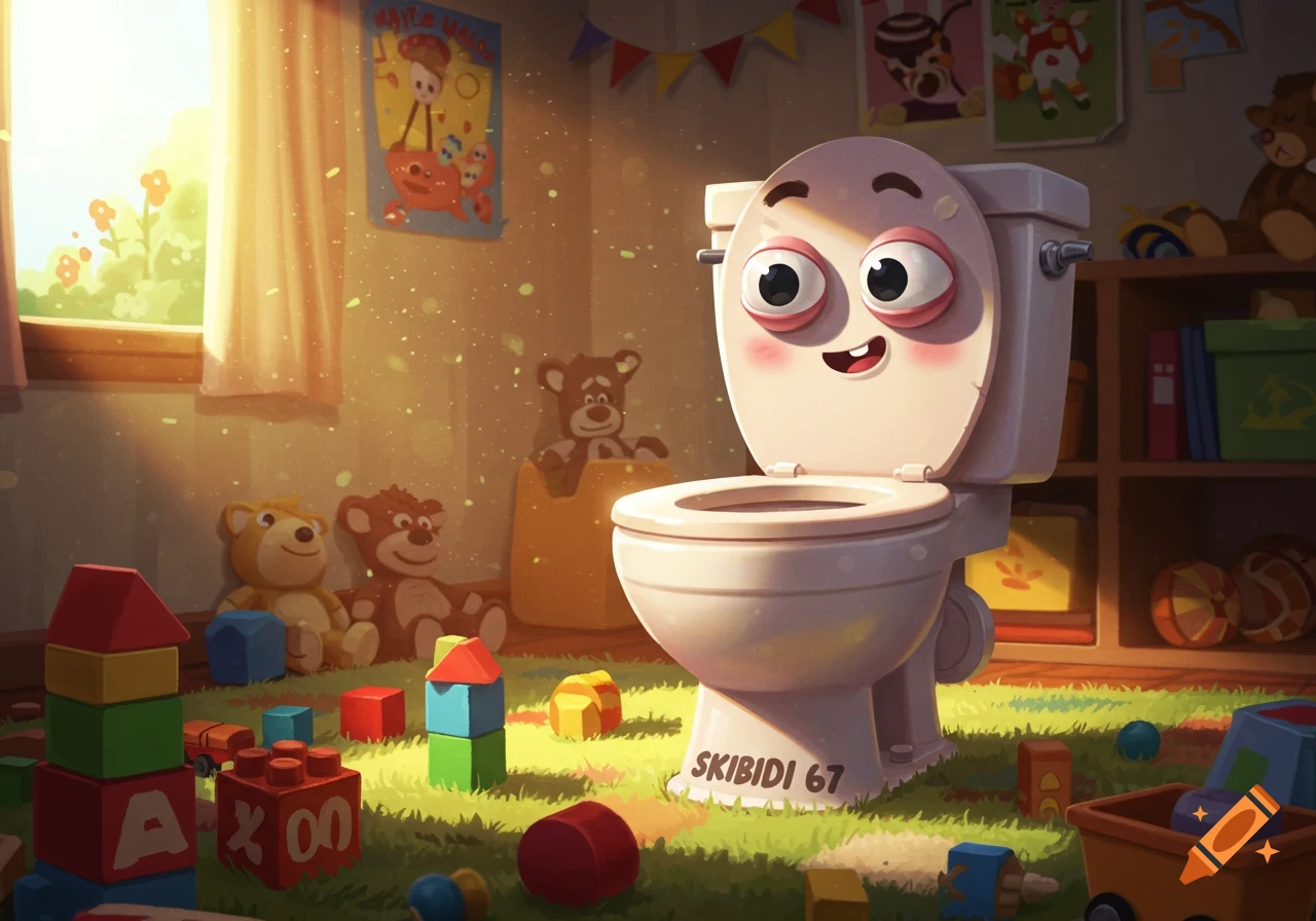 An anthropomorphic Skibidi toilet with large eyes and a smile stands in a child's sunlit room, surrounded by colorful building blocks and teddy bears. The toilet has "SKIBIDI 67" written on its base.