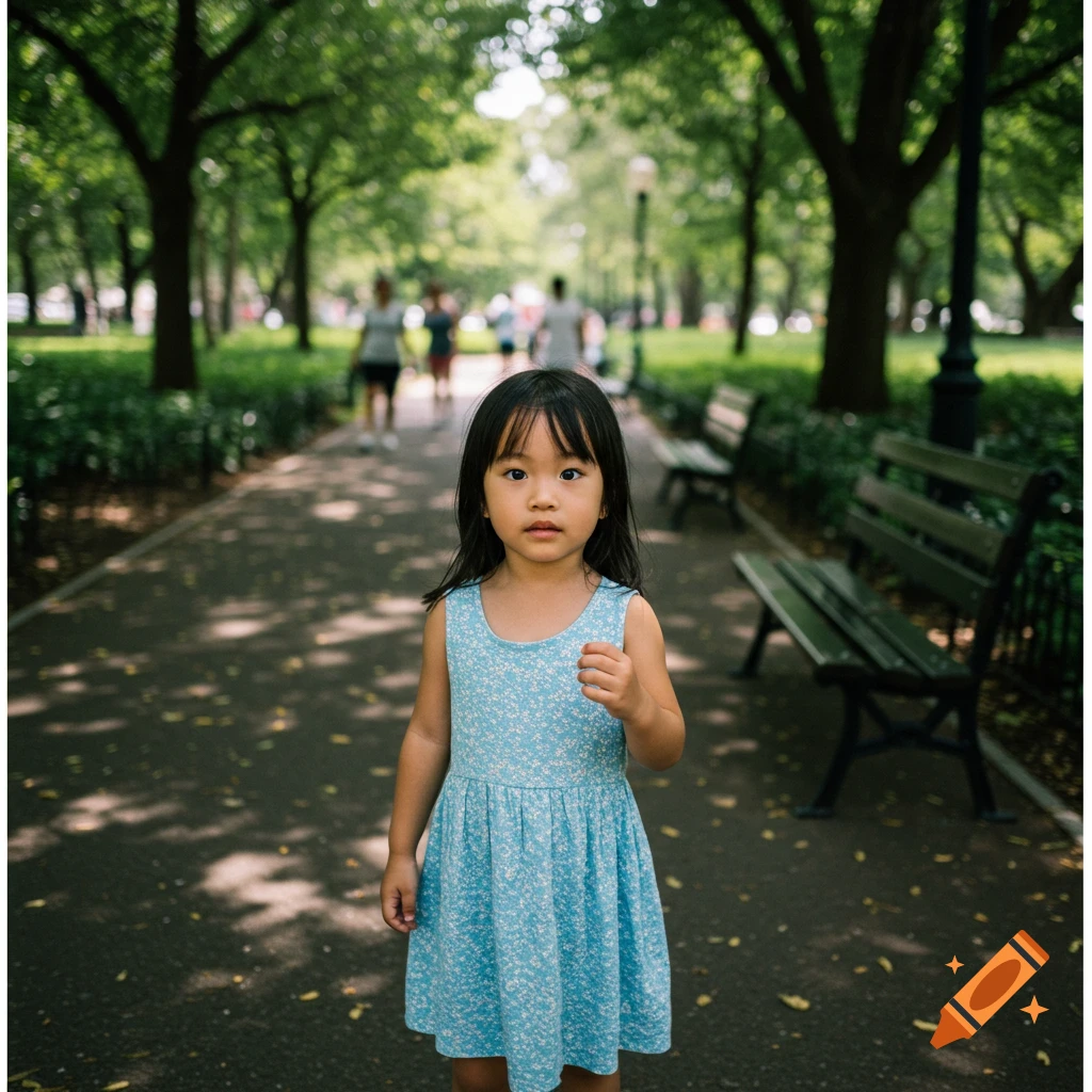 A young girl in a blue floral dress stands on a shaded path in a park, looking at the camera with blurred trees and people behind her.