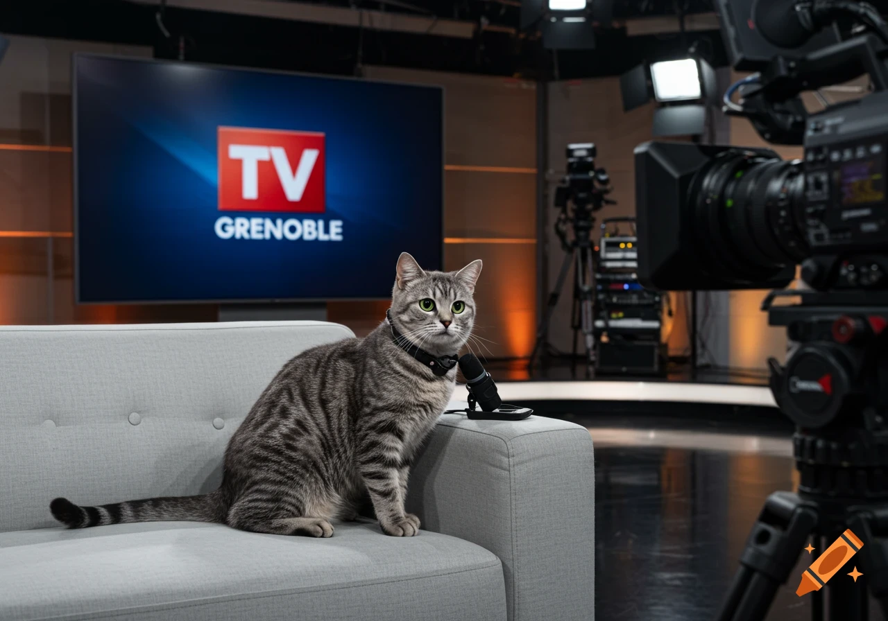 A tabby cat sits on a couch with a microphone in a TV studio showing 'TV GRENOBLE' on screen. Photorealistic.