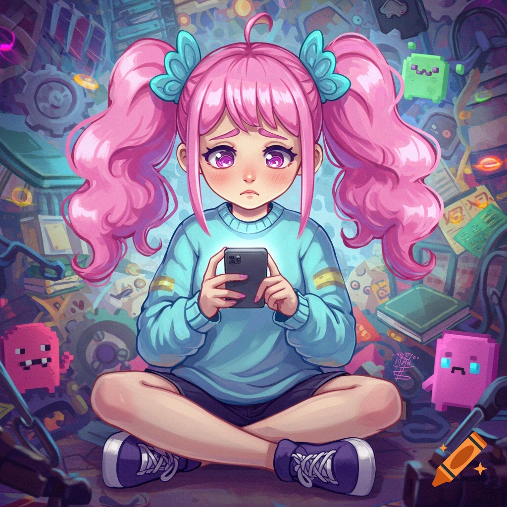 Anime girl with pink pigtails sitting cross-legged, looking sad while holding a phone, surrounded by a cluttered digital background.