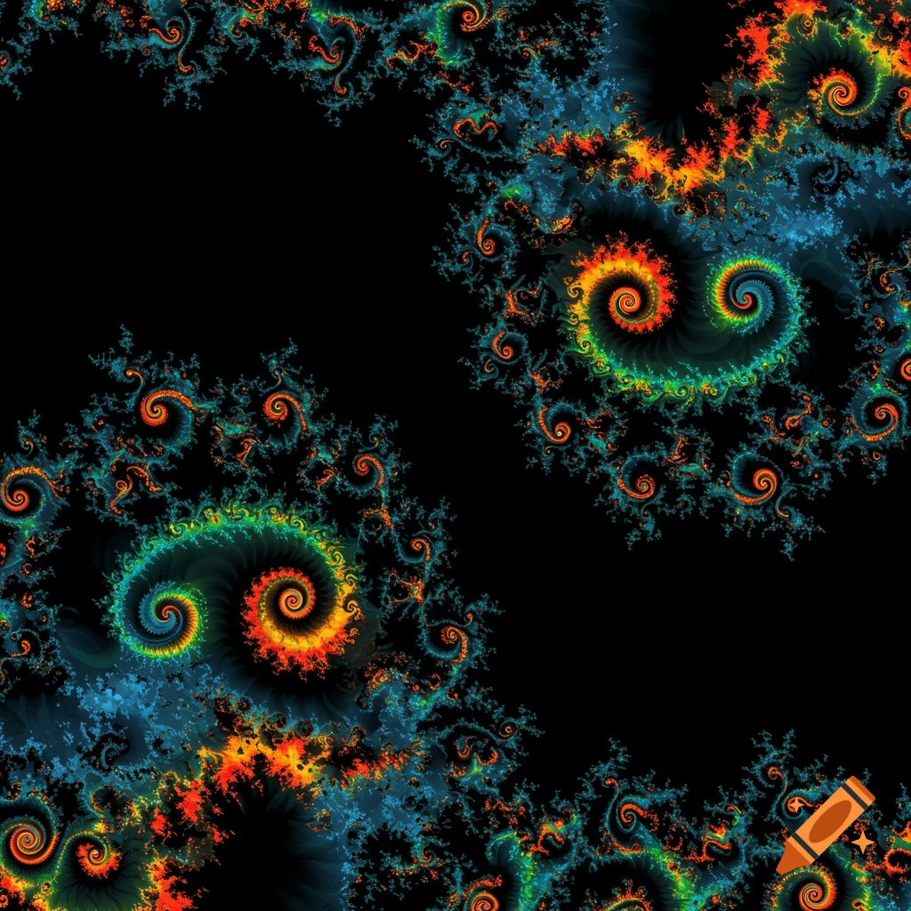 A vibrant fractal image showing swirling patterns in orange, green, and blue against a black background.