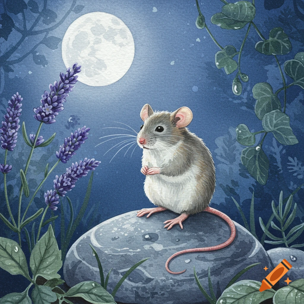 A cute housemouse sits on a gray rock under a full moon, with purple lavender flowers and green vines in a watercolor style.