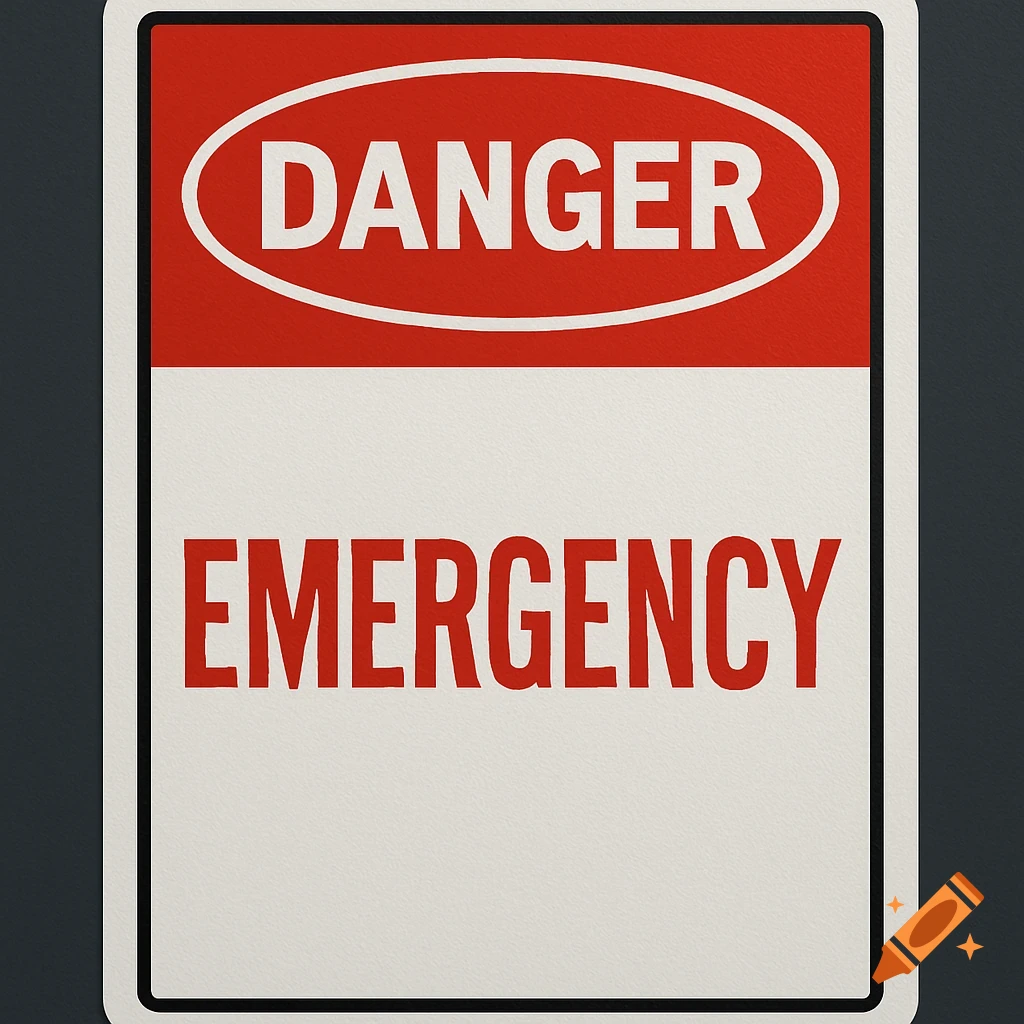 A red and white warning sign with 'DANGER' in an oval at the top and 'EMERGENCY' below it.