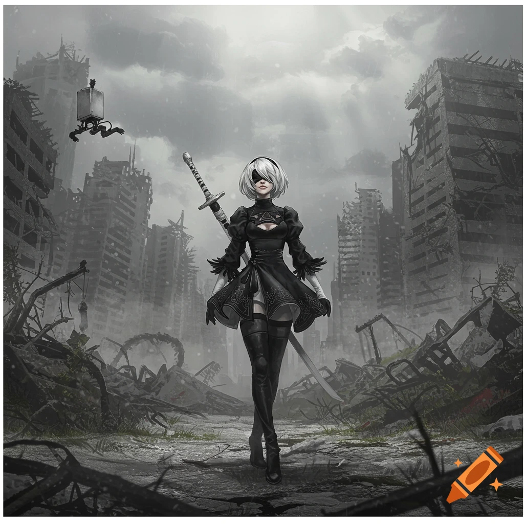 2B, a white-haired android, stands holding a sword in a devastated, grey post-apocalyptic city.
