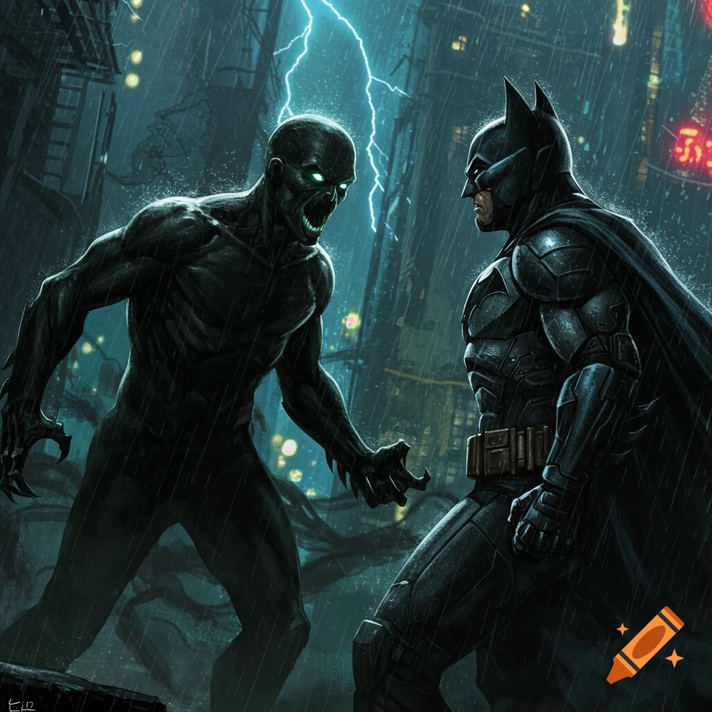 Batman confronts a glowing-eyed monster in a dark, rainy city alley under lightning, in a comic book style.