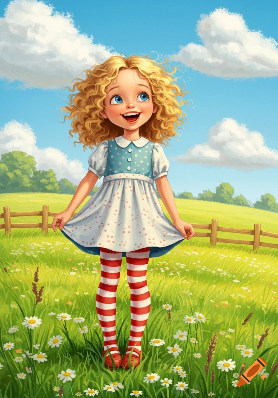 A smiling cartoon girl with curly blonde hair, blue eyes, and red/white striped stockings stands in a sunny field of daisies.