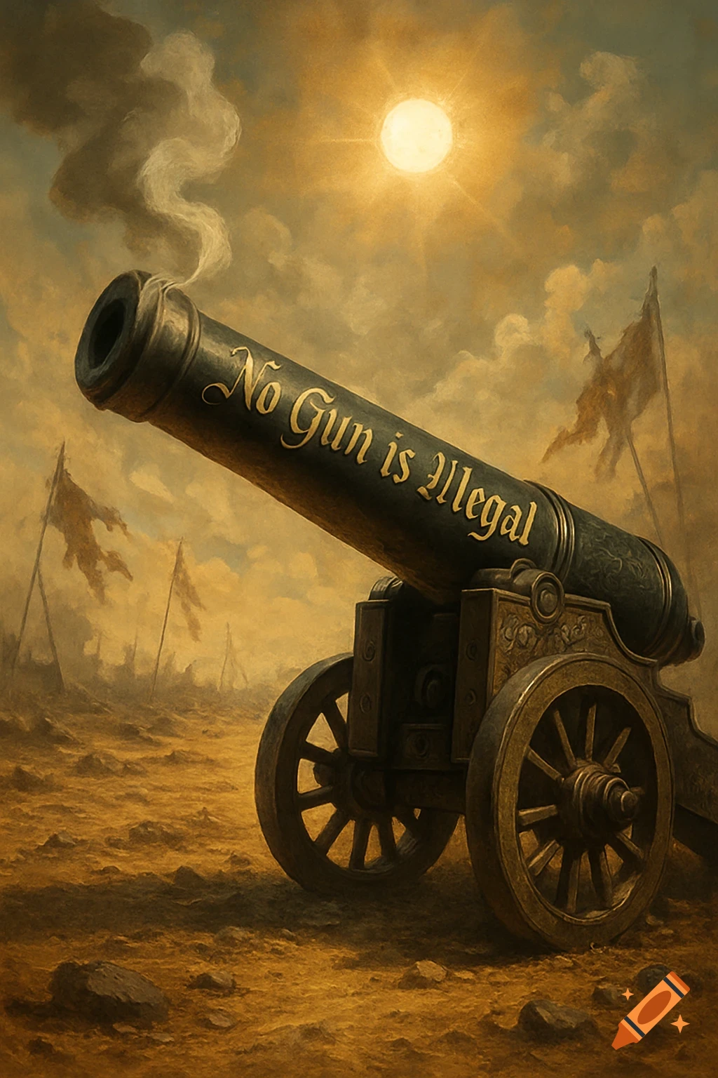 A large cannon with 'No Gun is Illegal' on its barrel, in a desolate, sunlit field with tattered flags.