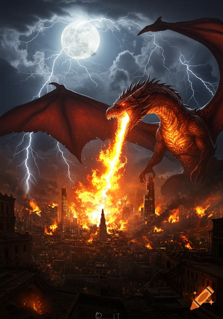 A giant red dragon breathes fire on a burning city under a full moon and a lightning storm, dark fantasy art.