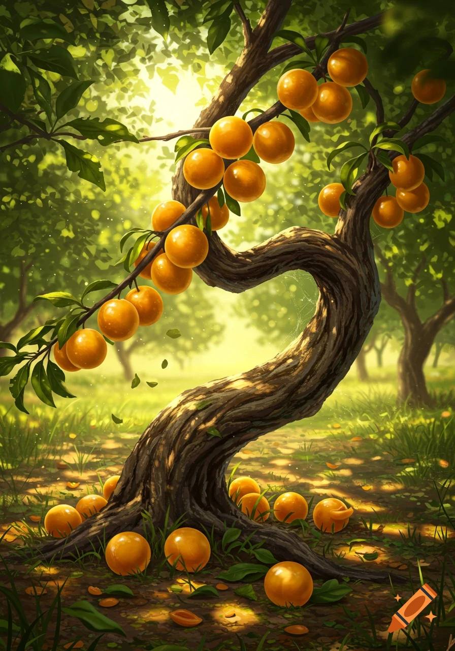 A vibrant, illustrative image of an orange-fruited tree with a gnarled trunk, bathed in sunlight in a lush forest.