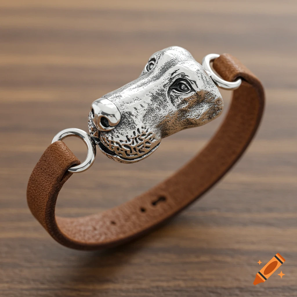 A photorealistic studio shot of a silver dog head charm on a brown leather bracelet.