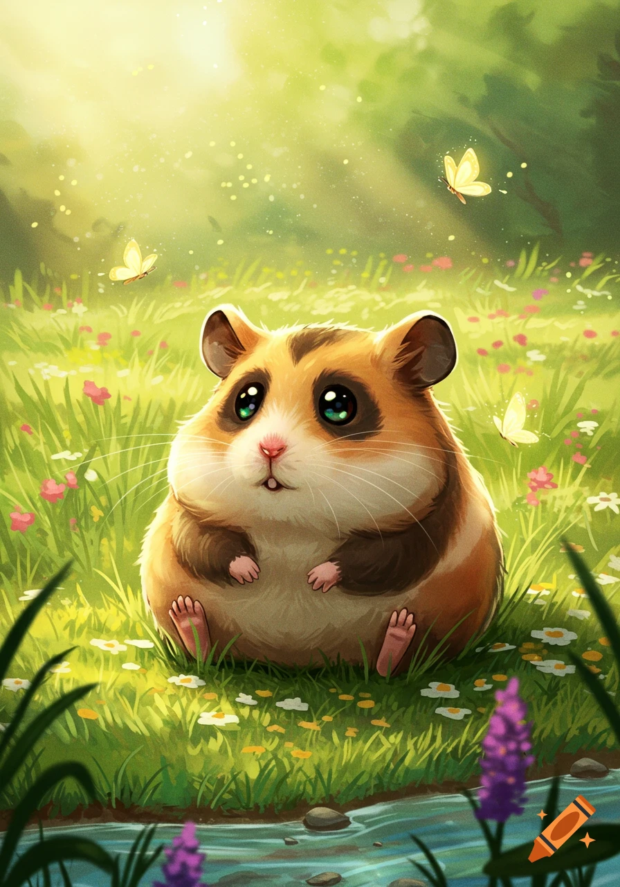 A cute, fluffy hamster-bear hybrid with large green eyes sits in a sunlit green meadow with pink and white flowers and butterflies.