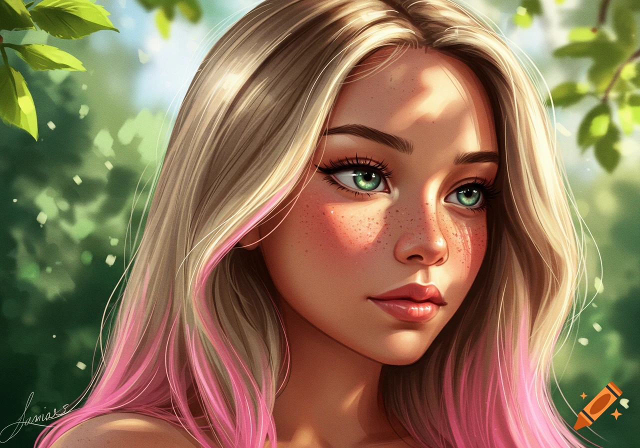 Digital art portrait of a girl with blonde hair and pink streaks, green eyes, freckles, and rosy cheeks, illuminated by dappled sunlight in a lush green outdoor setting.